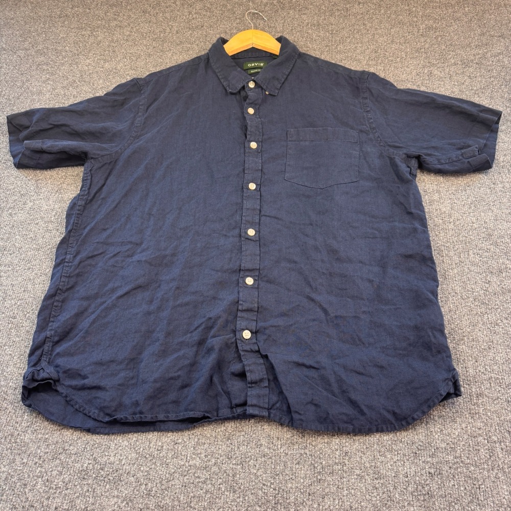 Orvis Button Down Shirt Mens XL Navy Blue Excellent 100% Linen Short Sleeve